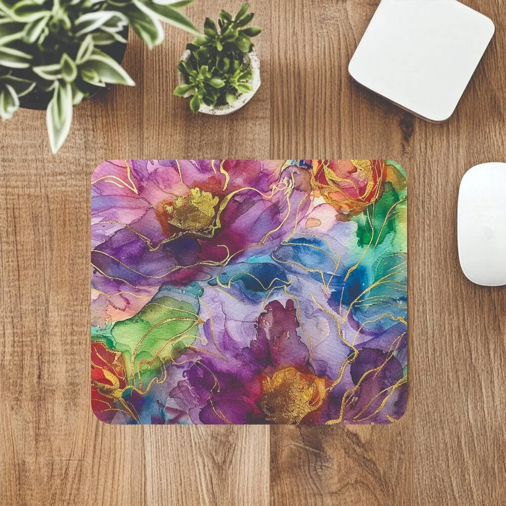 Gold Trimmed Pastel Flowers Computer Mousepad Office Decor Mouse Mat Handmade